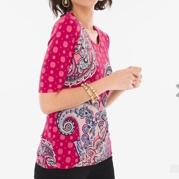 Chicos Paisley Twist Tee Women Size 3 XL Pink Berry Scoop Neck Stretchy - Picture 2 of 9